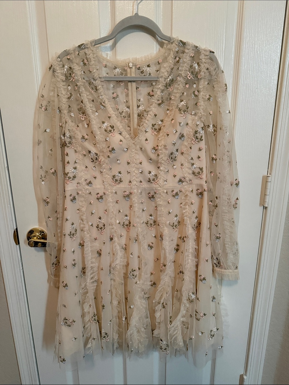 Needle & Thread Blush Floral Embroidered Long Sleeve Mesh Dress